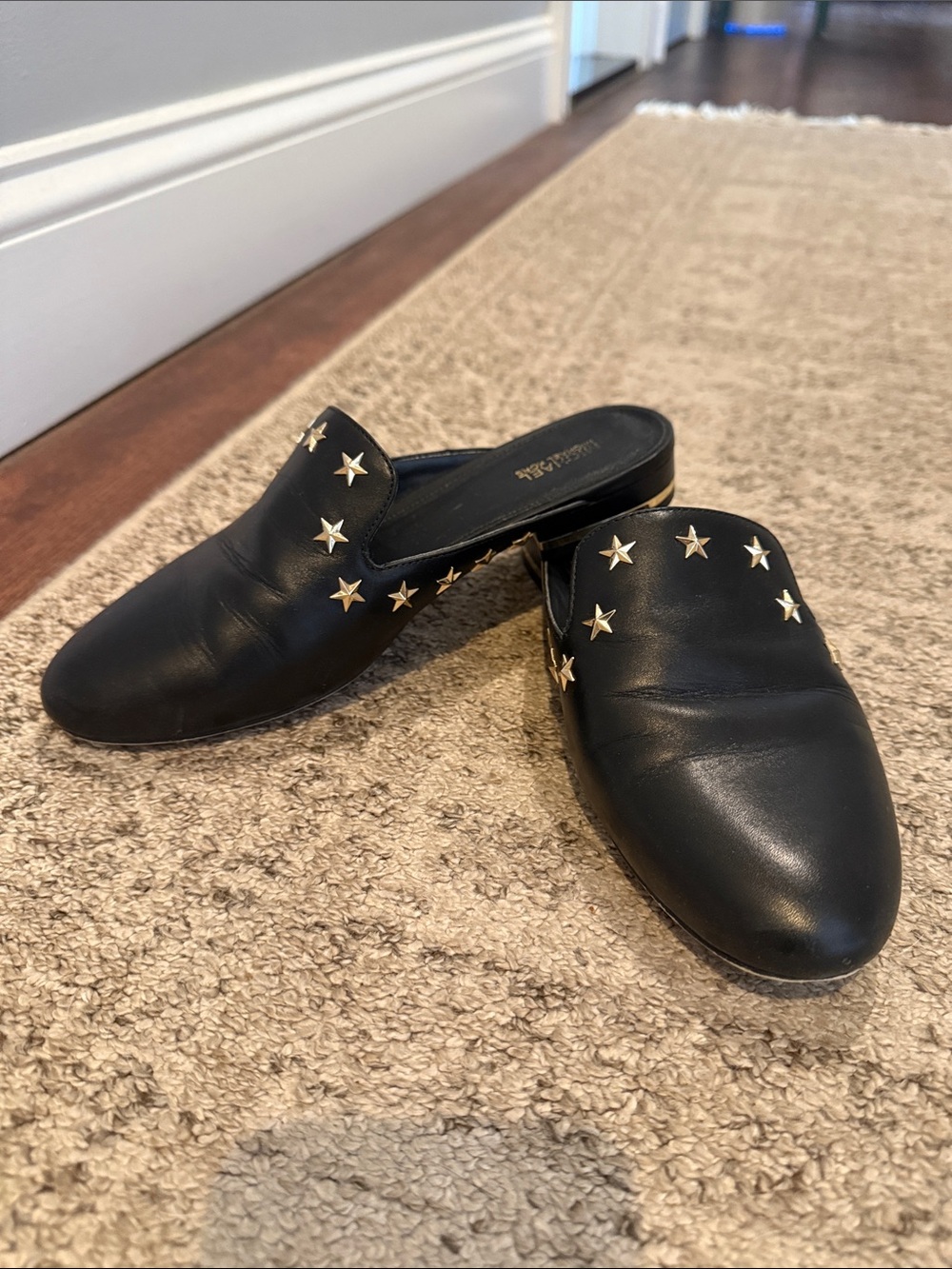 Michael Kors Black Leather Star-Stud Slide Mules